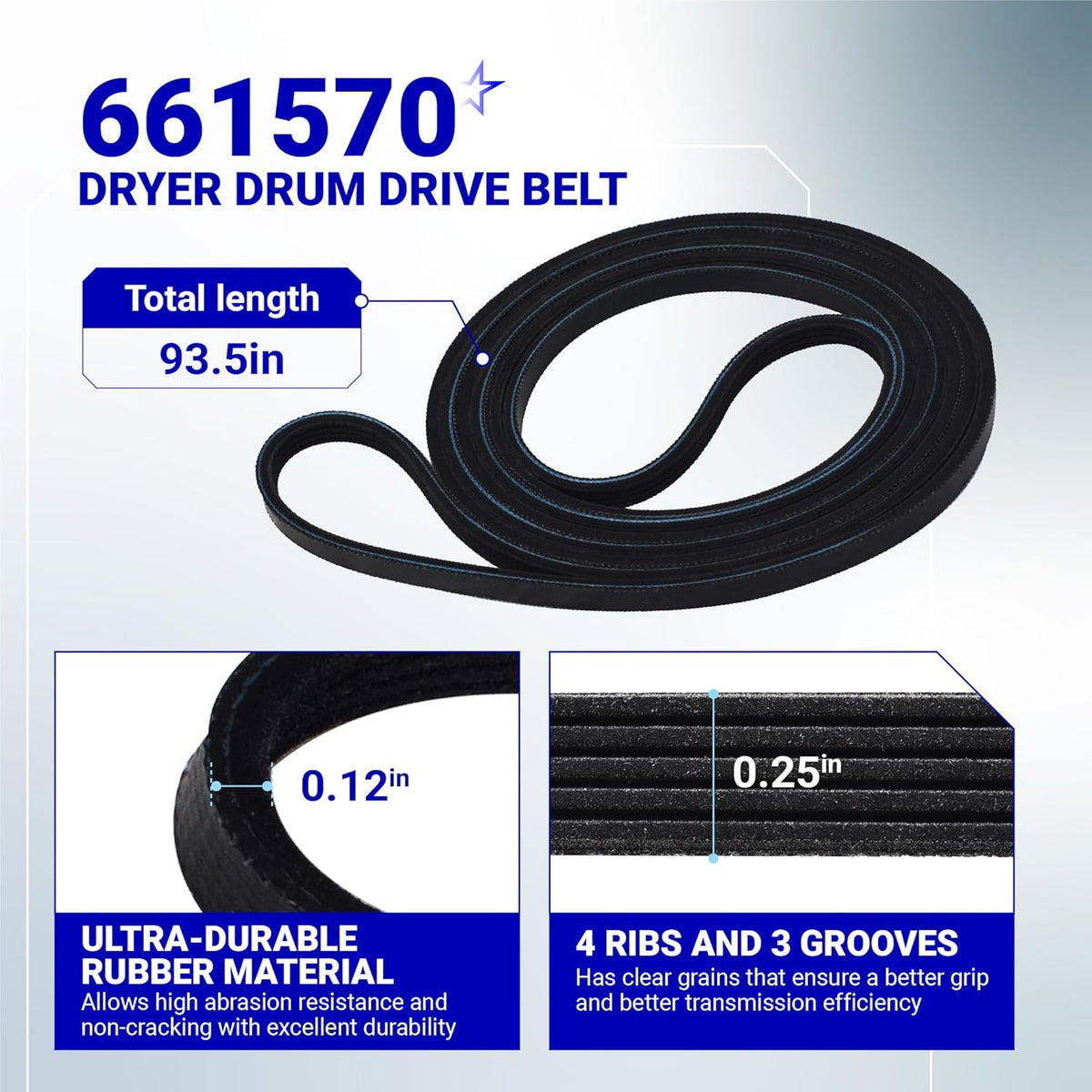 661570 dryer drum drive belt with 93.5-inch length, 4 ribs, and 3 grooves for Whirlpool, Maytag, and Kenmore dryers.