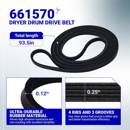 661570 dryer drum drive belt with 93.5-inch length, 4 ribs, and 3 grooves for Whirlpool, Maytag, and Kenmore dryers.
