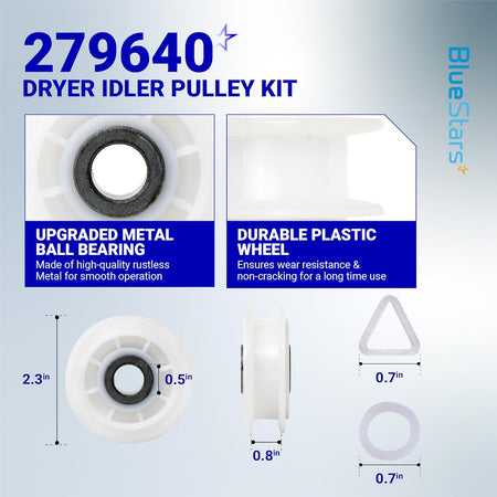 279640 dryer idler pulley kit showing dimensions and component details for Whirlpool, Maytag, and Kenmore dryers.
