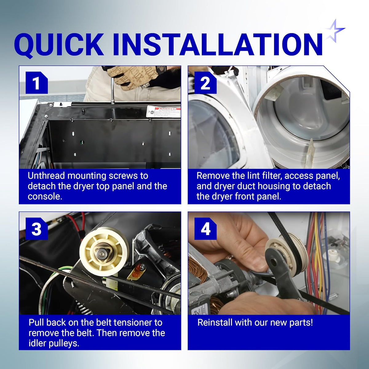 Four-step quick installation guide for Whirlpool, Maytag, and Kenmore dryer drum belt and idler pulley kit.