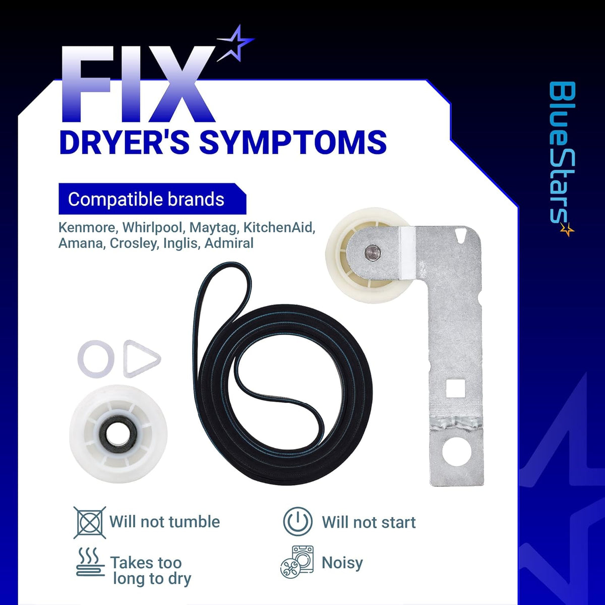 Dryer repair kit with drum belt, idler pulley, and bracket for Whirlpool, Maytag, and Kenmore dryers.