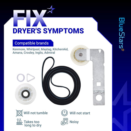 Dryer repair kit with drum belt, idler pulley, and bracket for Whirlpool, Maytag, and Kenmore dryers.