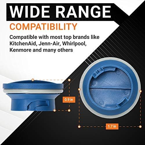 W10524920 dishwasher rinse aid cap showing side and bottom views with 0.9 inch height and 1.7 inch diameter dimensions.