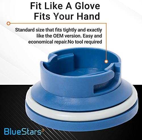 Close-up of W10524920 blue dishwasher rinse aid cap with white sealing gasket for KitchenAid and Whirlpool dishwashers.