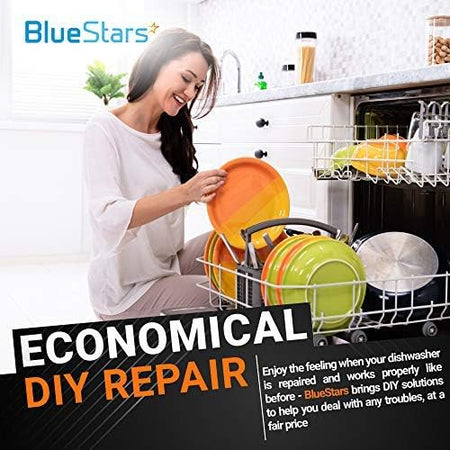 Woman loading colorful plates into a dishwasher for a DIY repair project.