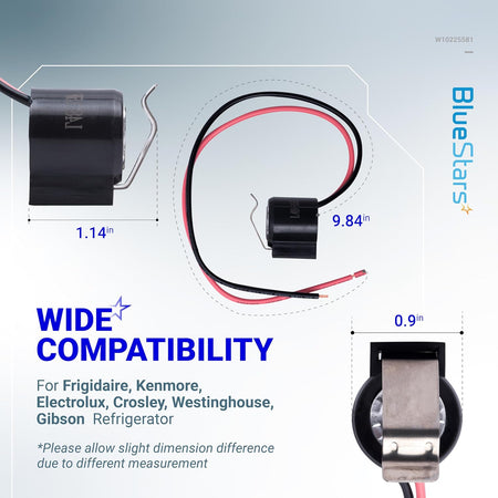 W10225581 refrigerator bimetal defrost thermostat replacement showing dimensions and wire length.