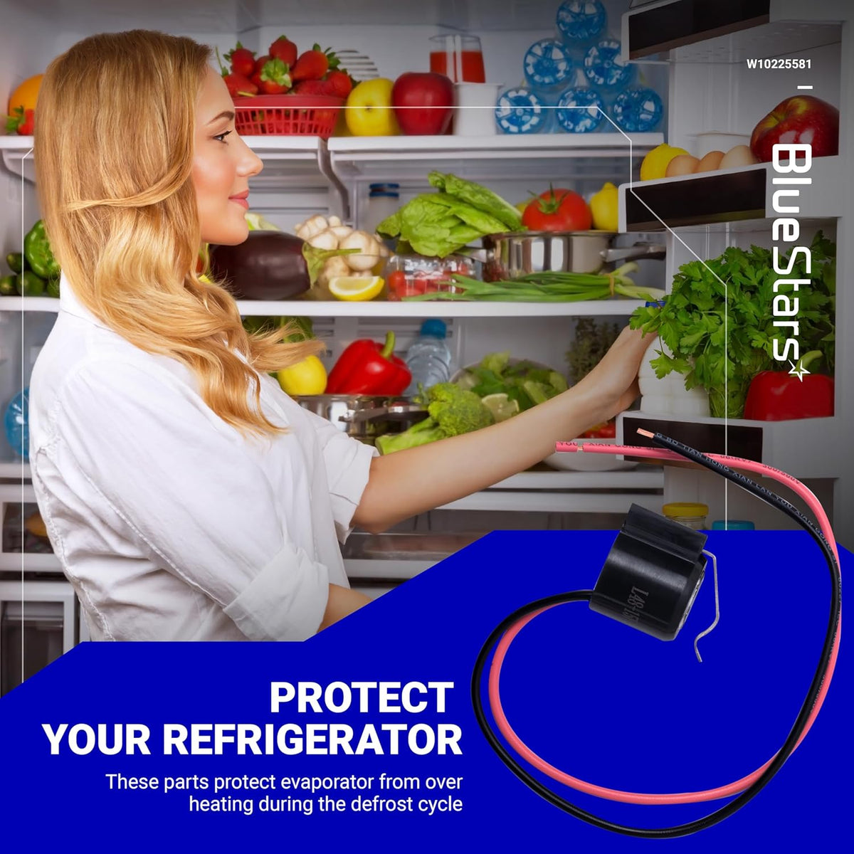 W10225581 refrigerator bimetal defrost thermostat replacement part with wiring shown against a refrigerator background.