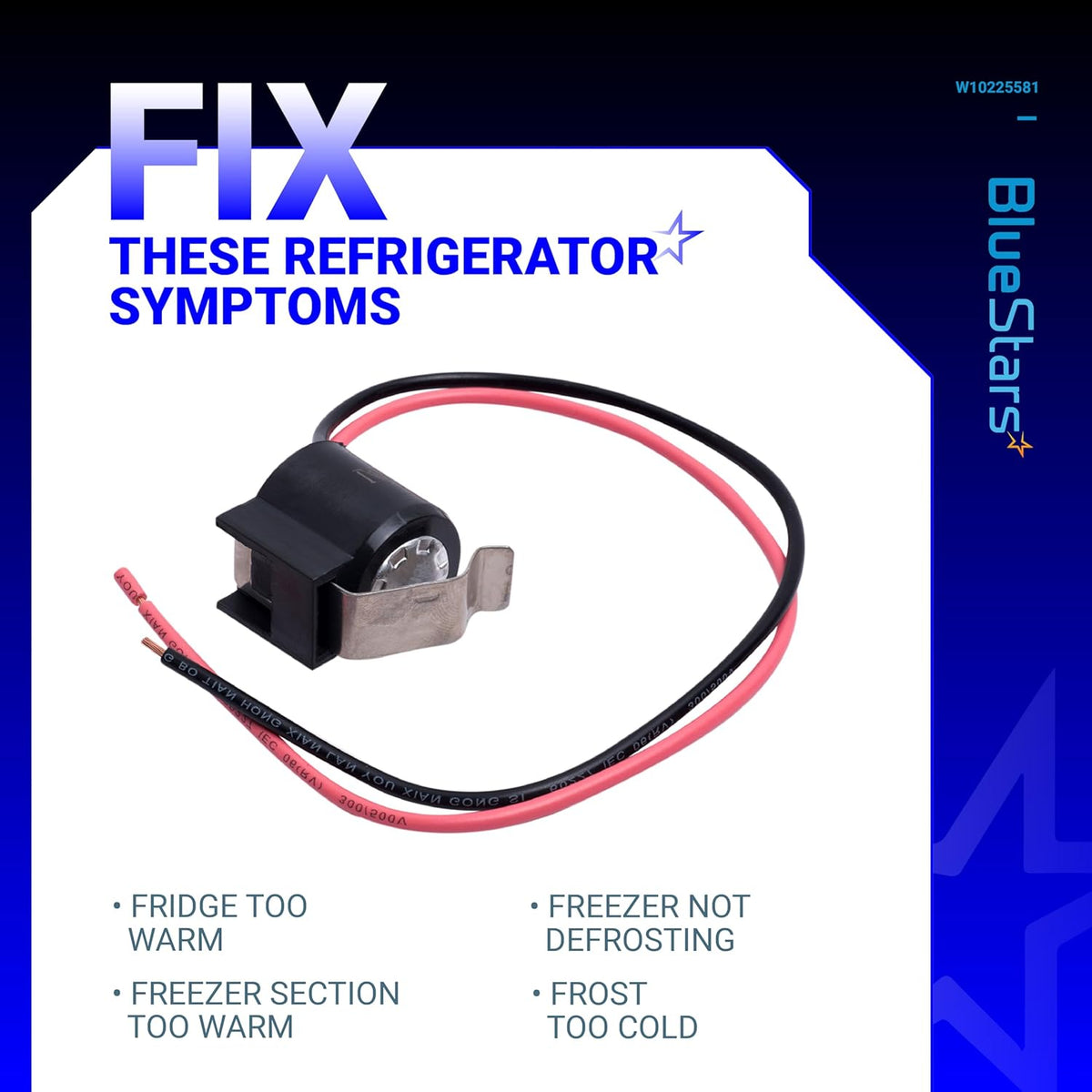 W10225581 refrigerator bimetal defrost thermostat replacement part with wire leads and mounting clip.