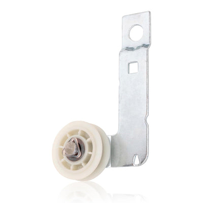 W10837240 dryer idler pulley with metal mounting bracket for Whirlpool and Kenmore dryers.
