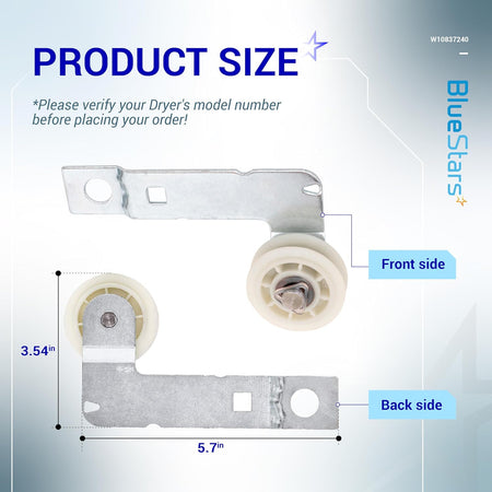 W10837240 dryer idler pulley with bracket showing front and back dimensions of 3.54 inches by 5.7 inches.