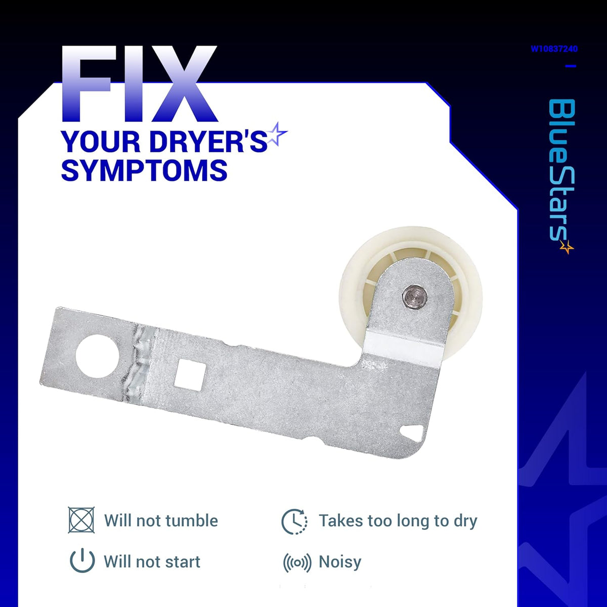W10837240 dryer idler pulley with metal mounting bracket for Whirlpool and Kenmore dryers.