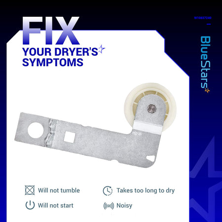 W10837240 dryer idler pulley with metal mounting bracket for Whirlpool and Kenmore dryers.