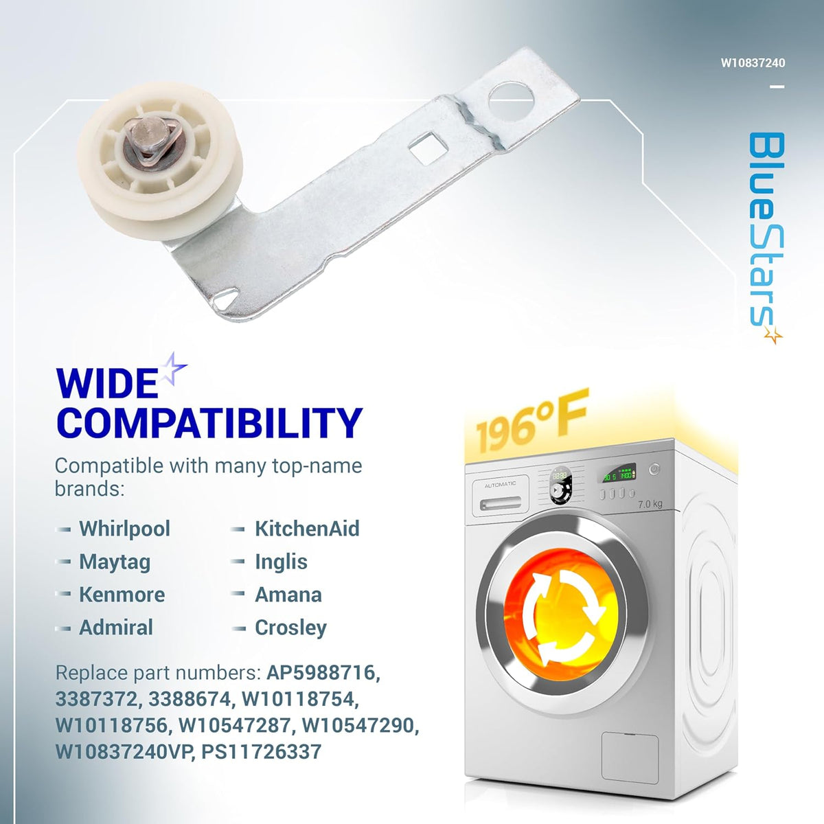 W10837240 dryer idler pulley with metal mounting bracket for Whirlpool and Kenmore dryers.