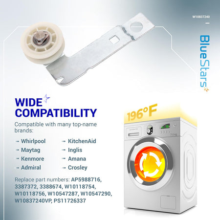 W10837240 dryer idler pulley with metal mounting bracket for Whirlpool and Kenmore dryers.