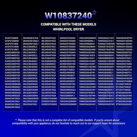 Compatibility chart for W10837240 dryer idler pulley listing Whirlpool dryer model numbers.
