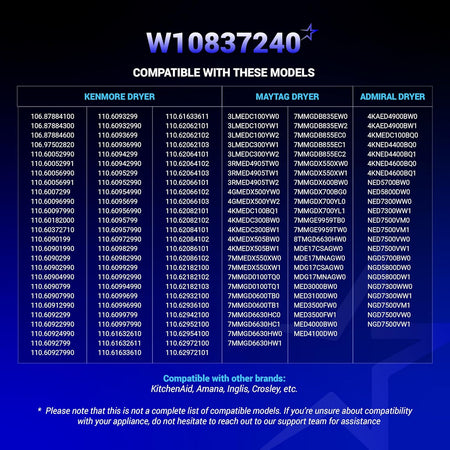 Compatibility chart for W10837240 dryer idler pulley listing Kenmore, Maytag, and Admiral dryer model numbers.