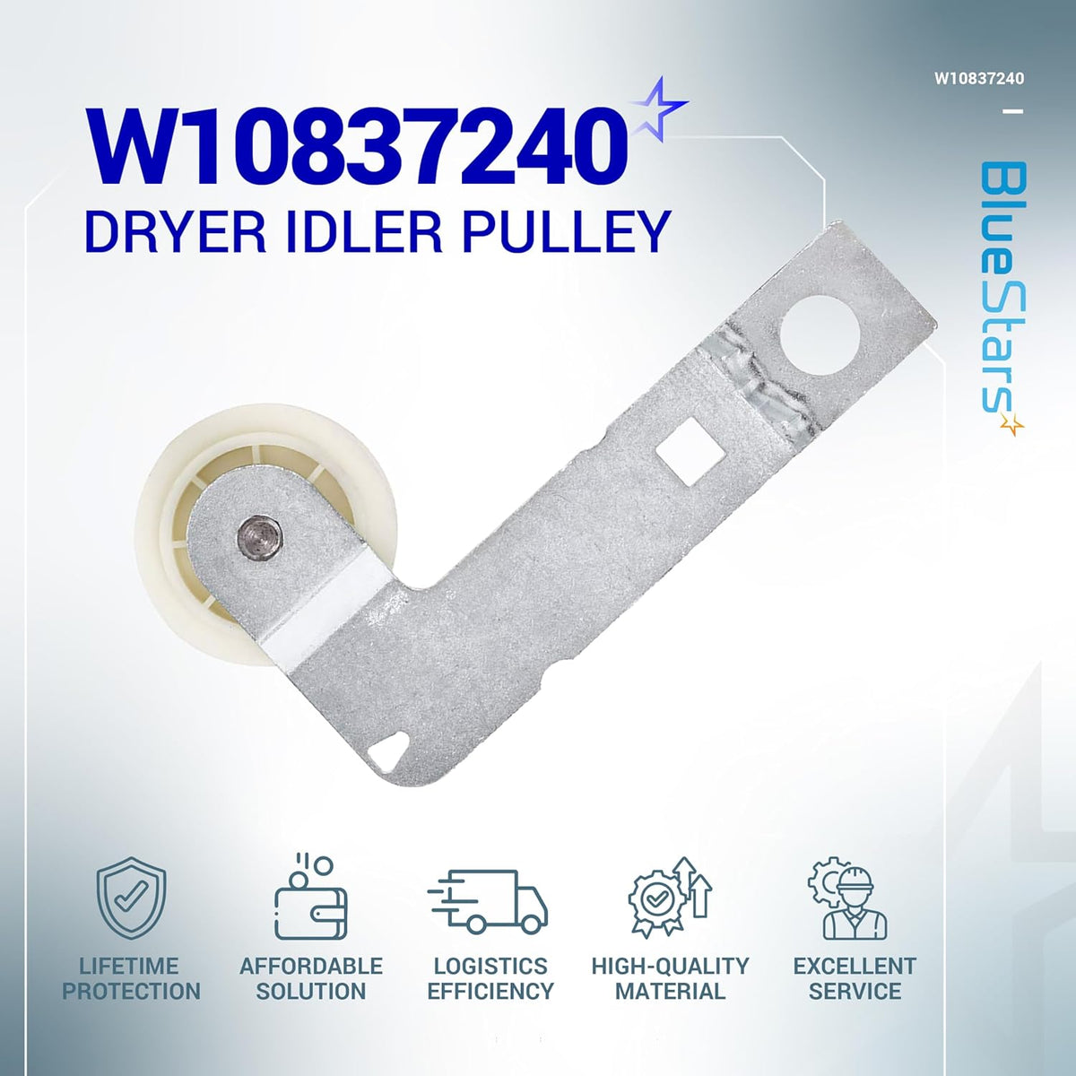 W10837240 dryer idler pulley with metal mounting bracket for Whirlpool and Kenmore dryers.