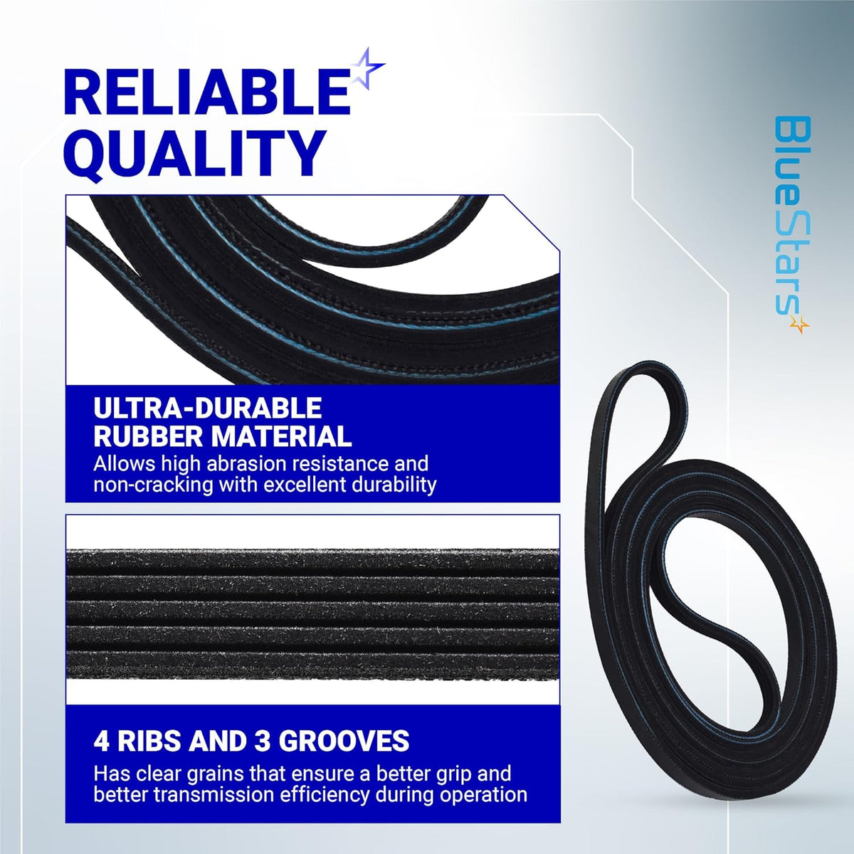 Close-up view of 661570 dryer drum belt showing durable rubber material, 4 ribs, and 3 grooves for improved grip.