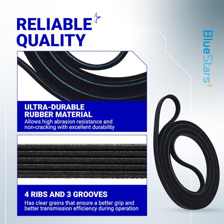 Close-up view of 661570 dryer drum belt showing durable rubber material, 4 ribs, and 3 grooves for improved grip.