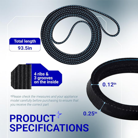 Dryer drum belt specifications showing 93.5-inch length and 4-rib design for Whirlpool and Kenmore dryers.