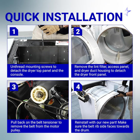 Four-step installation guide for Whirlpool and Kenmore dryer drum belt replacement.
