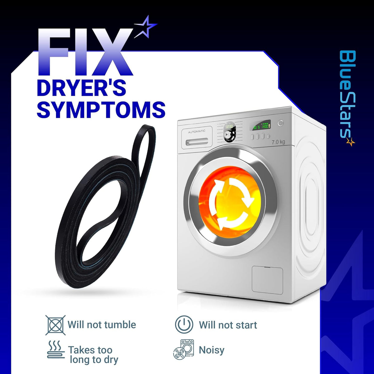 Replacement dryer drum belt for Whirlpool and Kenmore dryers, shown with troubleshooting symptoms graphic.