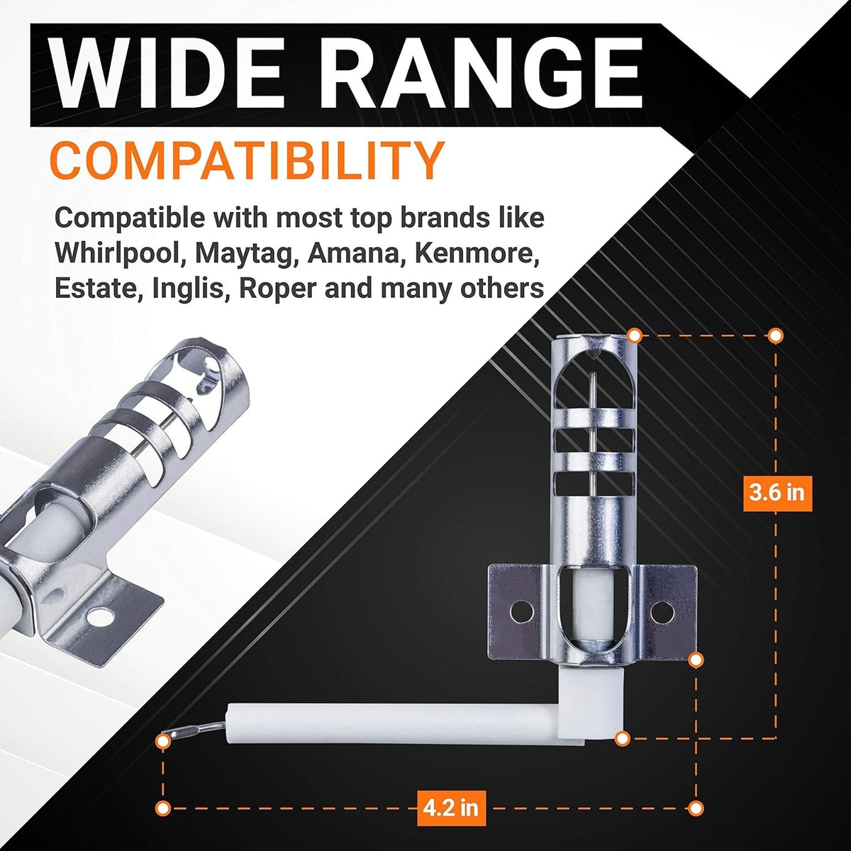 WP9758079 oven bake igniter replacement with dimensions showing compatibility for Whirlpool and Kenmore ranges.