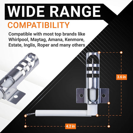 WP9758079 oven bake igniter replacement with dimensions showing compatibility for Whirlpool and Kenmore ranges.
