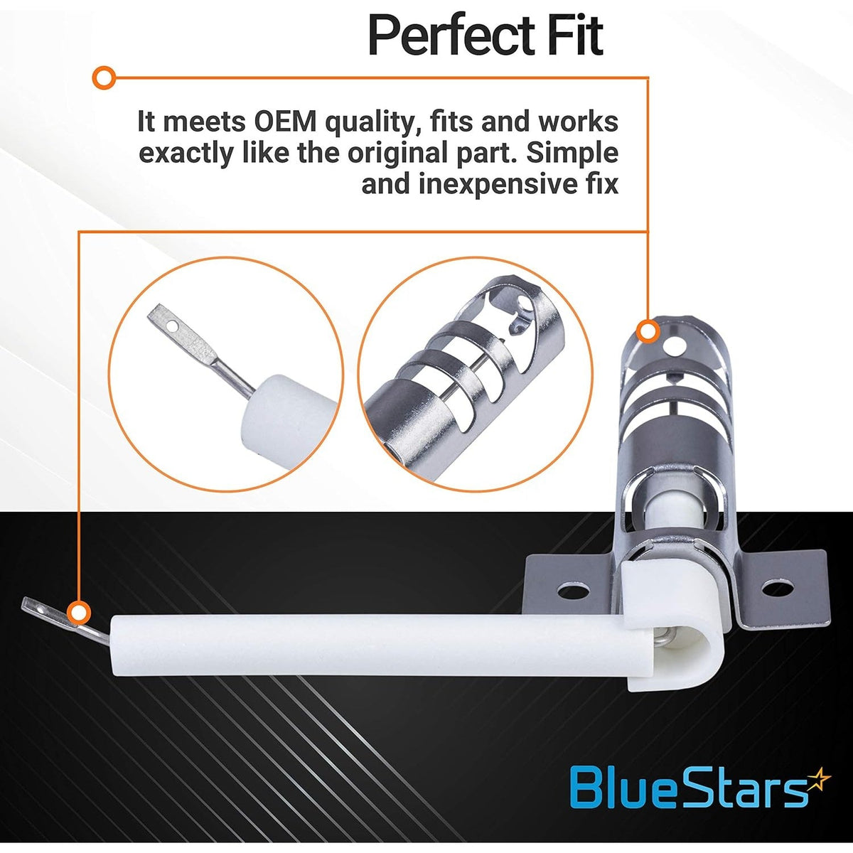 WP9758079 oven bake spark igniter replacement with close-up detail views of the heating element and mounting bracket.