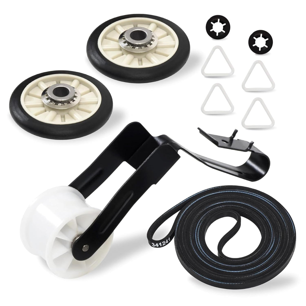 Dryer repair kit including belt, idler pulley, and drum rollers for Whirlpool and Kenmore dryers.