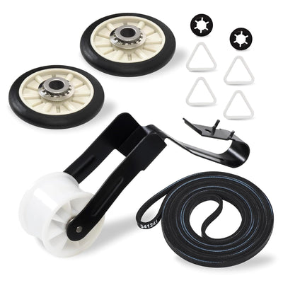 Dryer repair kit including belt, idler pulley, and drum rollers for Whirlpool and Kenmore dryers.