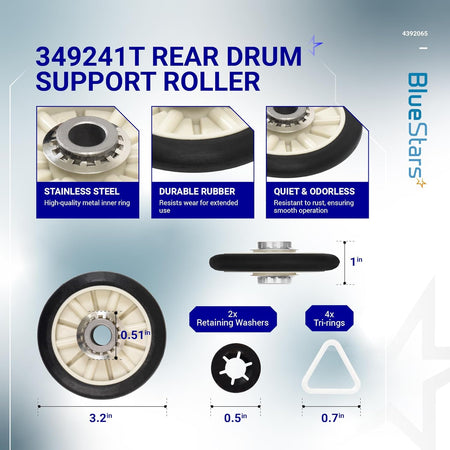 349241T dryer rear drum support roller with dimensions, retaining washers, and tri-rings for Whirlpool dryers.