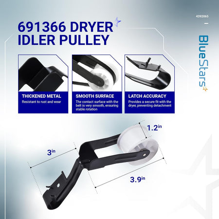 691366 dryer idler pulley assembly with dimensions and feature highlights for Whirlpool and Kenmore dryers.