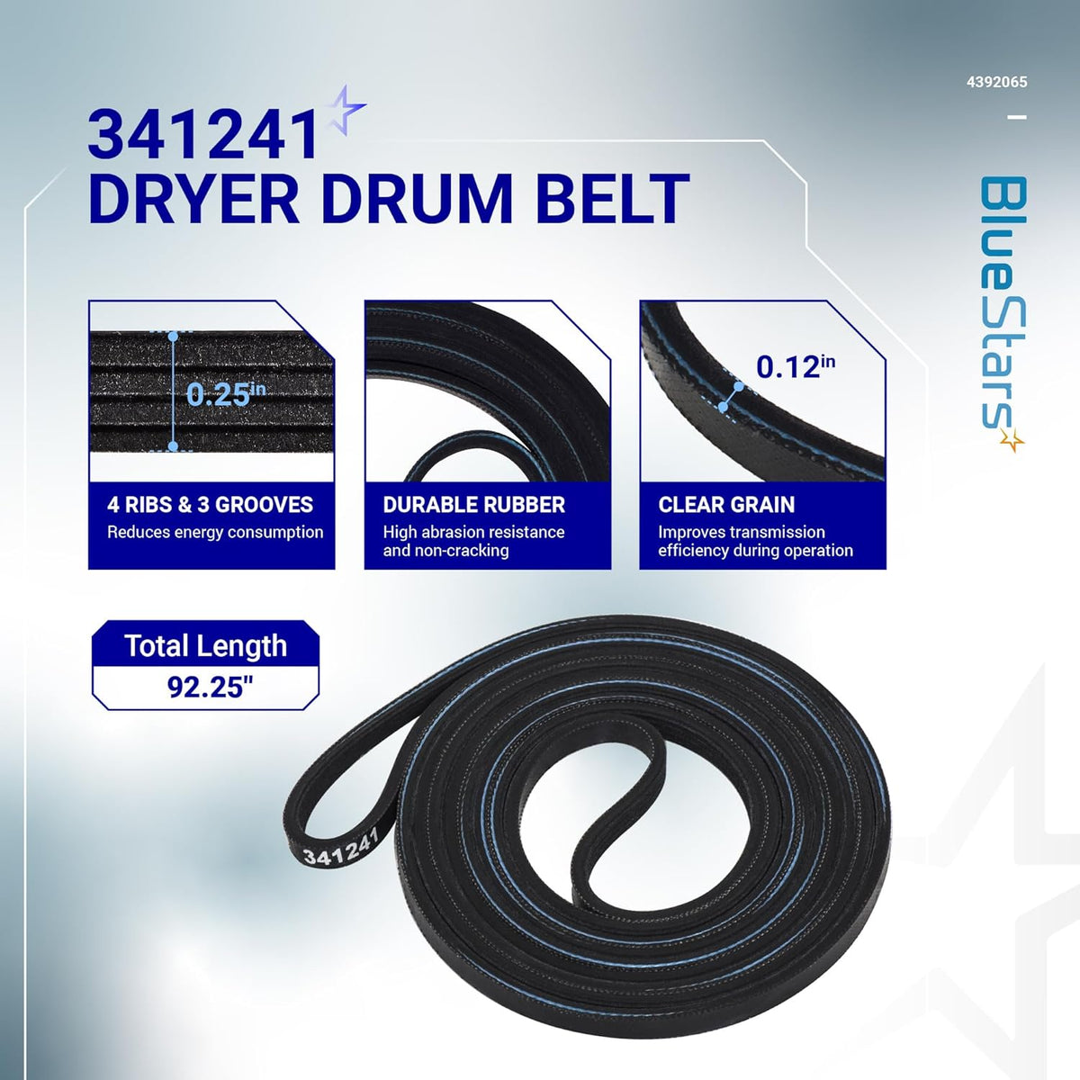 341241 dryer drum belt for Whirlpool and Kenmore dryers with 92.25-inch length and 4-rib rubber construction.