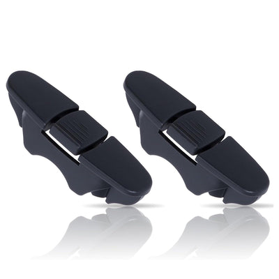 Two black W10508950 dishwasher upper rack stop clips for Whirlpool and Kenmore dishwashers.