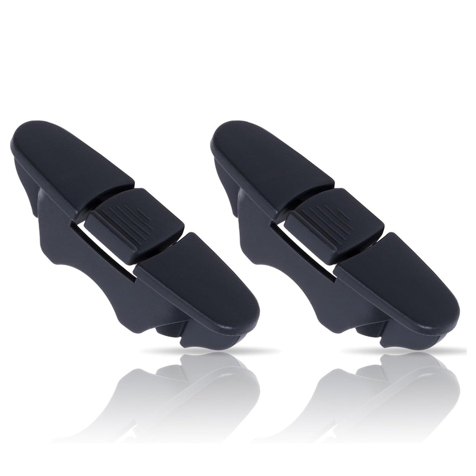 Two black W10508950 dishwasher upper rack stop clips for Whirlpool and Kenmore dishwashers.