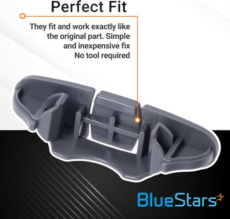 Close-up of W10508950 dishwasher upper rack stop clip with infographic text highlighting perfect fit and easy installation.