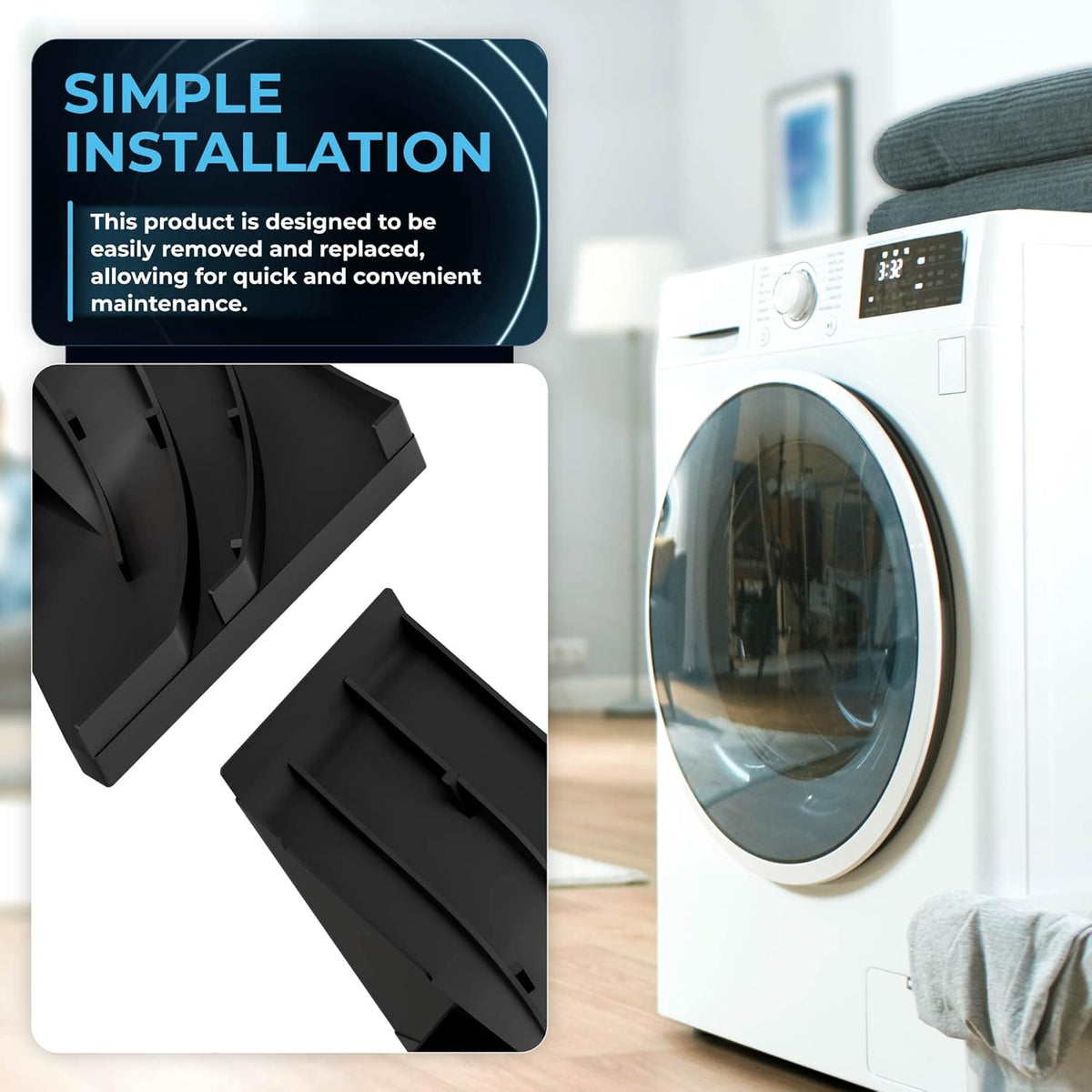 Infographic showing simple installation of WD8X227 and WD8X228 dishwasher corner baffle gaskets.