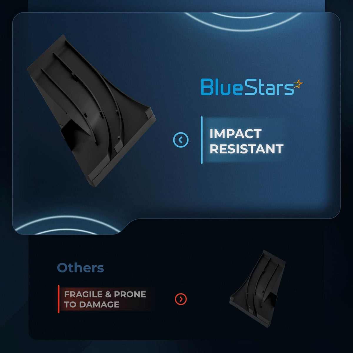 Comparison graphic showing BlueStars impact-resistant dishwasher corner baffle vs fragile competitor part.