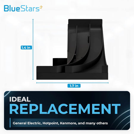 Black dishwasher corner baffle replacement part with 1.4 inch by 1.7 inch dimensions for GE and Hotpoint dishwashers.