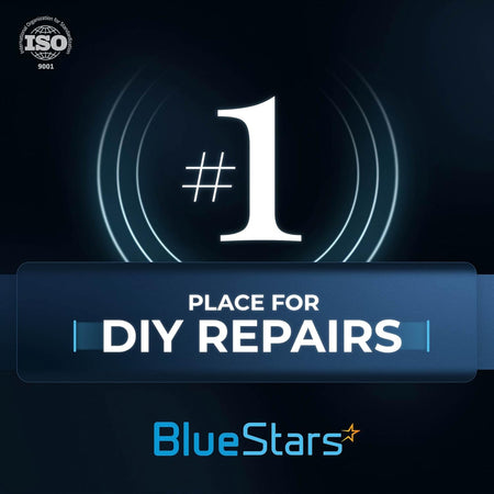 BlueStars brand graphic featuring ISO 9001 certification and number one place for DIY appliance repair parts.