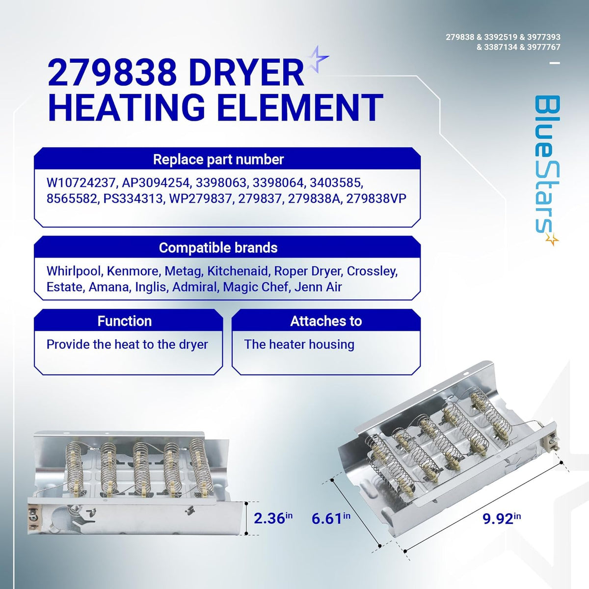 279838 dryer heating element replacement part with dimensions shown on an informational product specification graphic.