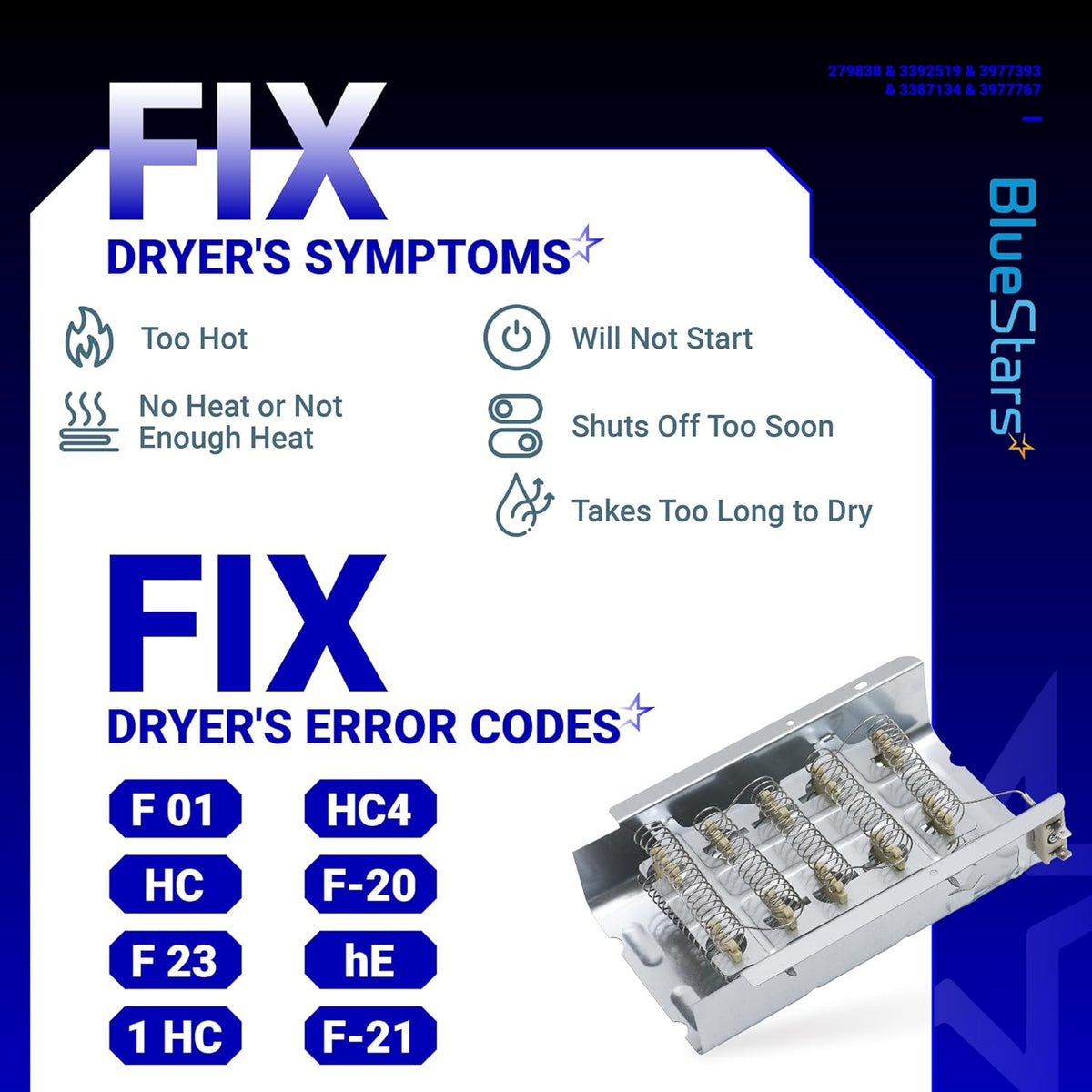 Infographic showing dryer heating element 279838 and common dryer symptoms and error codes.