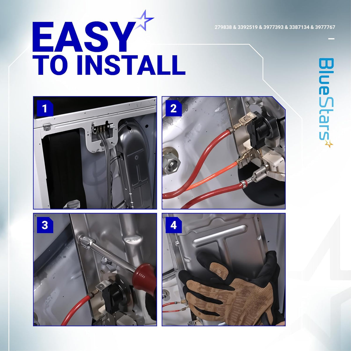 Four-step installation guide for 279838 dryer heating element kit compatible with Whirlpool, Maytag, and Kenmore dryers.