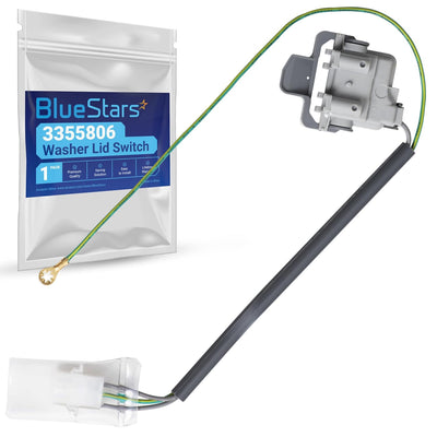3355806 Washer Lid Switch shown with attached wiring harness and BlueStars packaging