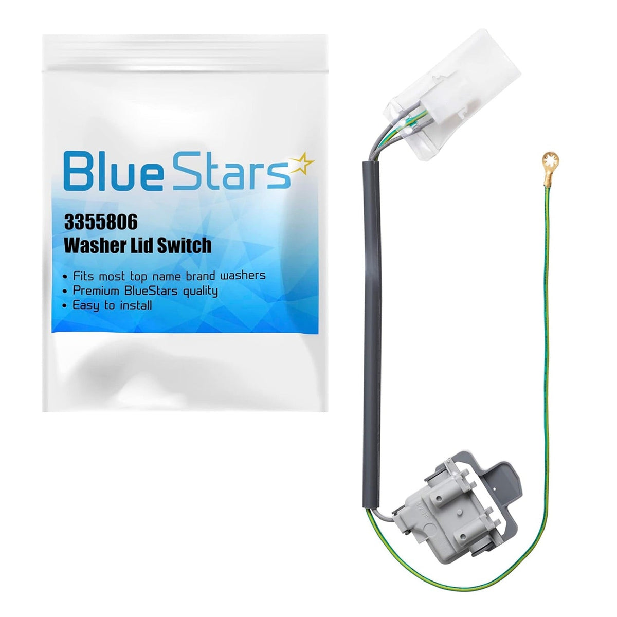 3355806 washer lid switch replacement with wiring harness and packaging for Whirlpool and Kenmore washing machines.