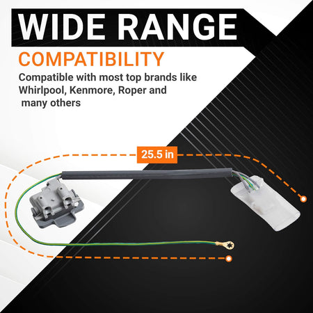 3355806 washer lid switch showing 25.5-inch length and compatibility for Whirlpool, Kenmore, and Roper washers.
