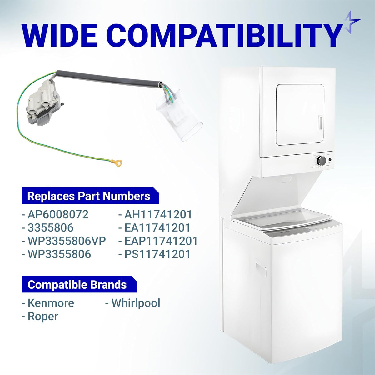 3355806 Washer Lid Switch graphic showing replacement part numbers, compatible brands, and a washer