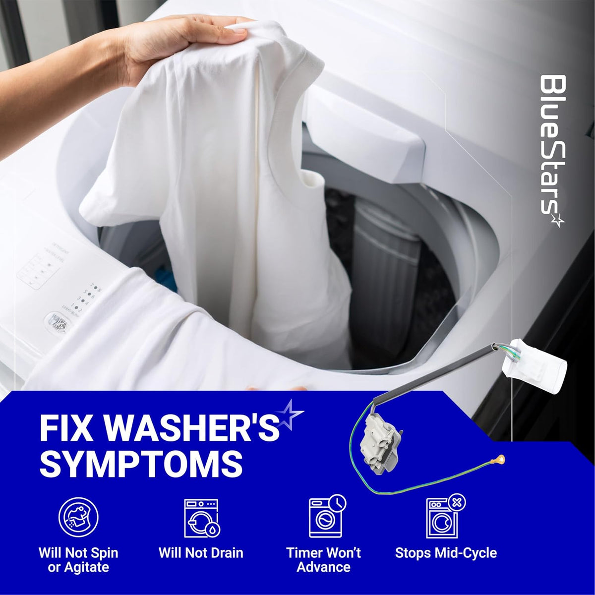 3355806 Washer Lid Switch - Washer graphic with clothes and icons for no spin, no drain, timer, and mid-cycle stop