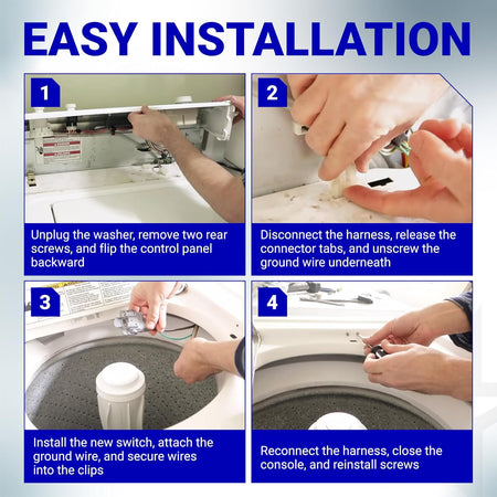 3355806 Washer Lid Switch - Four-panel easy installation steps for removing and installing the switch in a washer